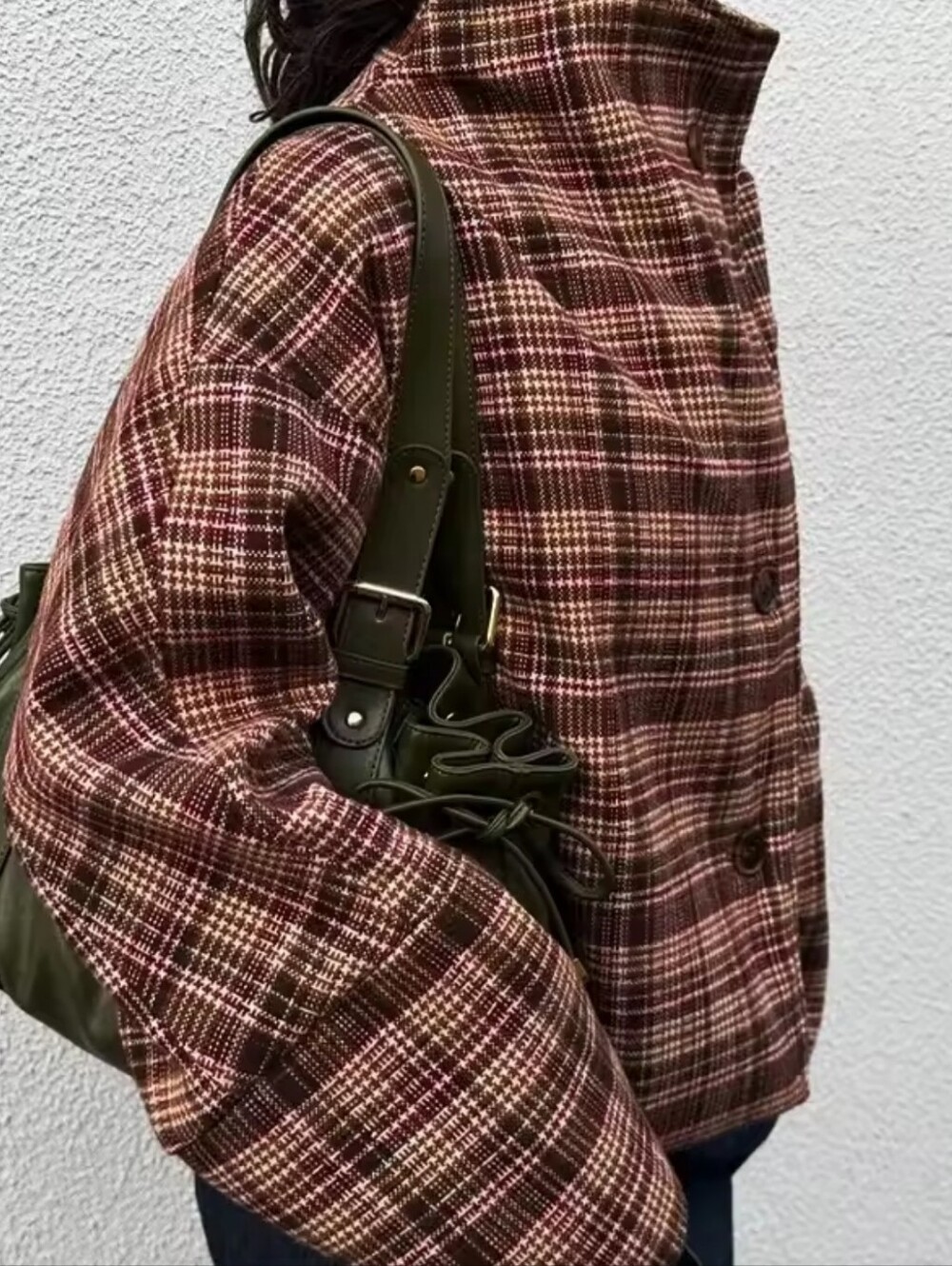 Vintage Women's Coats Stand Collar Grid Single-Breasted Loose Lady Jackets 2026